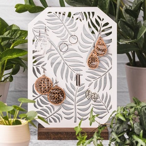 Tropical Leaf Design Wood Earring Holder Stand | Fern Earring Display Jewelry Organizer | White Dangling Storage Leaves | Plant Lover Gift