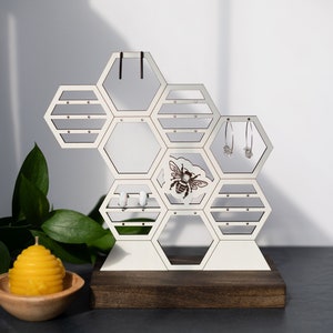 Wood Earring Holder Stand Floral Hexagon Laser Earring Display Honeycomb  Jewelry Organizer Modern White Stud Dangling Earring Storage 