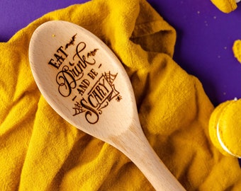 Eat Drink And Be Scary Halloween Wooden Spoon | Halloween Kitchen Decor | Laser Engraved Bat Spider Spooky Halloween Party Serving Utensil