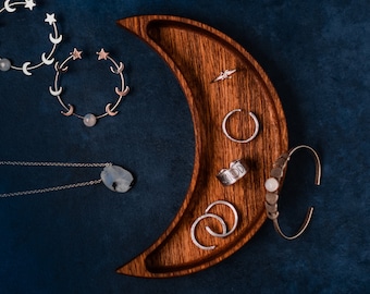 Crescent Moon Wood Jewelry Dish | Moon Shaped Tray | Ring Dish | Moon Lover Gift Catchall | Essential Oil Storage Crystal Display Organizer