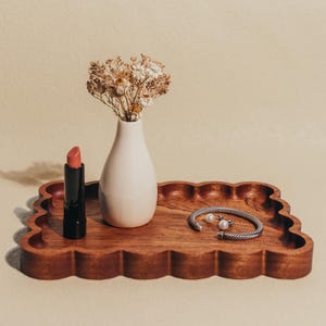 Scalloped Wood Catchall Tray | Long Wavy Rectangle Jewelry Dish | Vintage Inspired Solid Carved Hardwood Valet Tray Keys Kitchen Bedroom