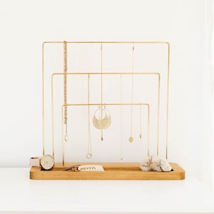 Brass And Wood Rainbow 3 Tier Jewelry Stand With Dish Jewelry Holder Organizer Minimalist Necklace Earring Ring Bracelet Storage Display image 1