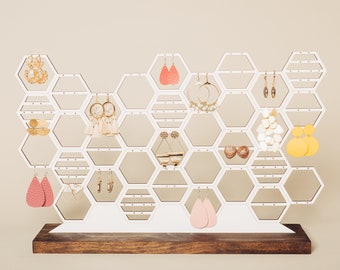 Large Earring Organizer | Honeycomb Jewelry Holder Display | Modern White And Wood Stud Dangling Earring Storage For Dresser Vanity 60 Pairs