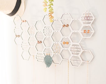 Wall Hanging Jewelry Organizer | Honeycomb Earring And Necklace Display | Modern White Stud Or Dangling Earring Jewelry Holder Storage