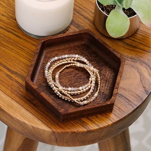 Honeycomb Wood Jewelry Dish | Geometric Hexagon Catchall Tray | Ring Dish For Couples | Wooden Office Desk Nightstand Dresser Catchall Tray