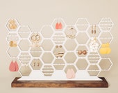 Large Earring Organizer Honeycomb Jewelry Holder Display Modern White And Wood Stud Dangling Earring Storage For Dresser Vanity 60 Pairs