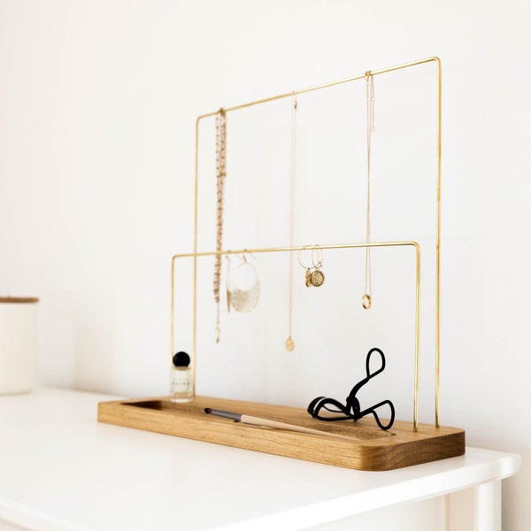 Jewelry Holder Organizer | Modern Minimalist Jewelry Stand | Necklace Earring Ring Bracelet Storage Display | Brass And Wood 2 Tier Design