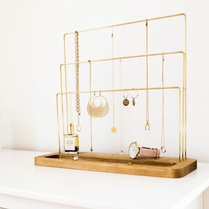 Large Brass And Wood Jewelry Stand With Dish Modern Minimalist Jewelry Holder Organizer Necklace Earring Ring Bracelet Storage Display image 3