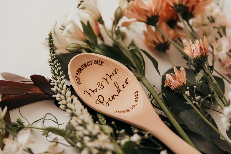 The Perfect Mix Mr. And Mrs. Wood Mixing Spoon Personalized Custom Last Name Wedding Gift Laser Engraved Wood Spoon Bridal Shower Gift image 5