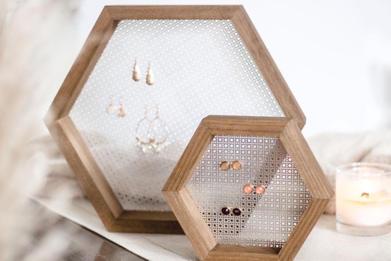 Hexagon Earring Stand | Small Or Large Wood And Metal Jewelry Holder | Modern Minimalist Boho Studs Dangling Earring Display Storage Gift