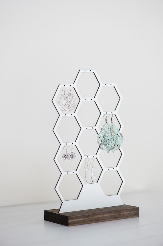 Tall Honeycomb Earring Display | Wood Stand Hexagon Jewelry Organizer | Modern Boho Earring Holder Stud Hoop Dangling Huggie Storage Stand