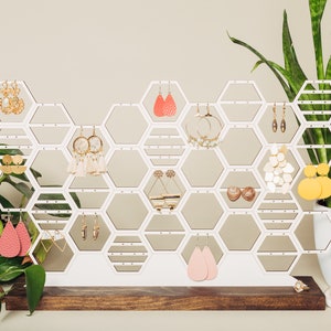 Large Earring Organizer Honeycomb Jewelry Holder Display Modern White And Wood Stud Dangling Earring Storage For Dresser Vanity 60 Pairs image 5