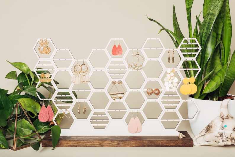 Large Earring Organizer Honeycomb Jewelry Holder Display Modern White And Wood Stud Dangling Earring Storage For Dresser Vanity 60 Pairs image 5