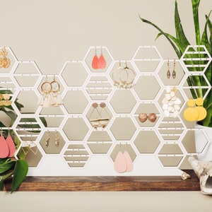 Large Earring Organizer Honeycomb Jewelry Holder Display Modern White And Wood Stud Dangling Earring Storage For Dresser Vanity 60 Pairs image 4