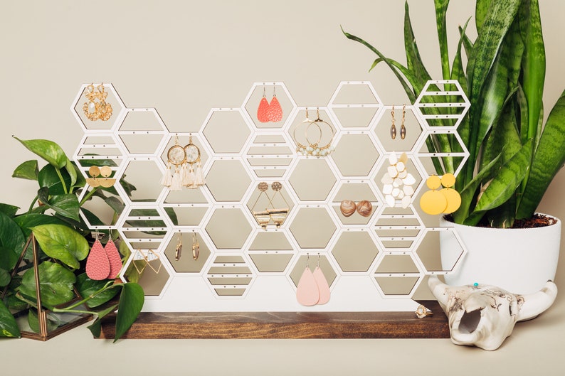 Large Earring Organizer Honeycomb Jewelry Holder Display Modern White And Wood Stud Dangling Earring Storage For Dresser Vanity 60 Pairs image 4