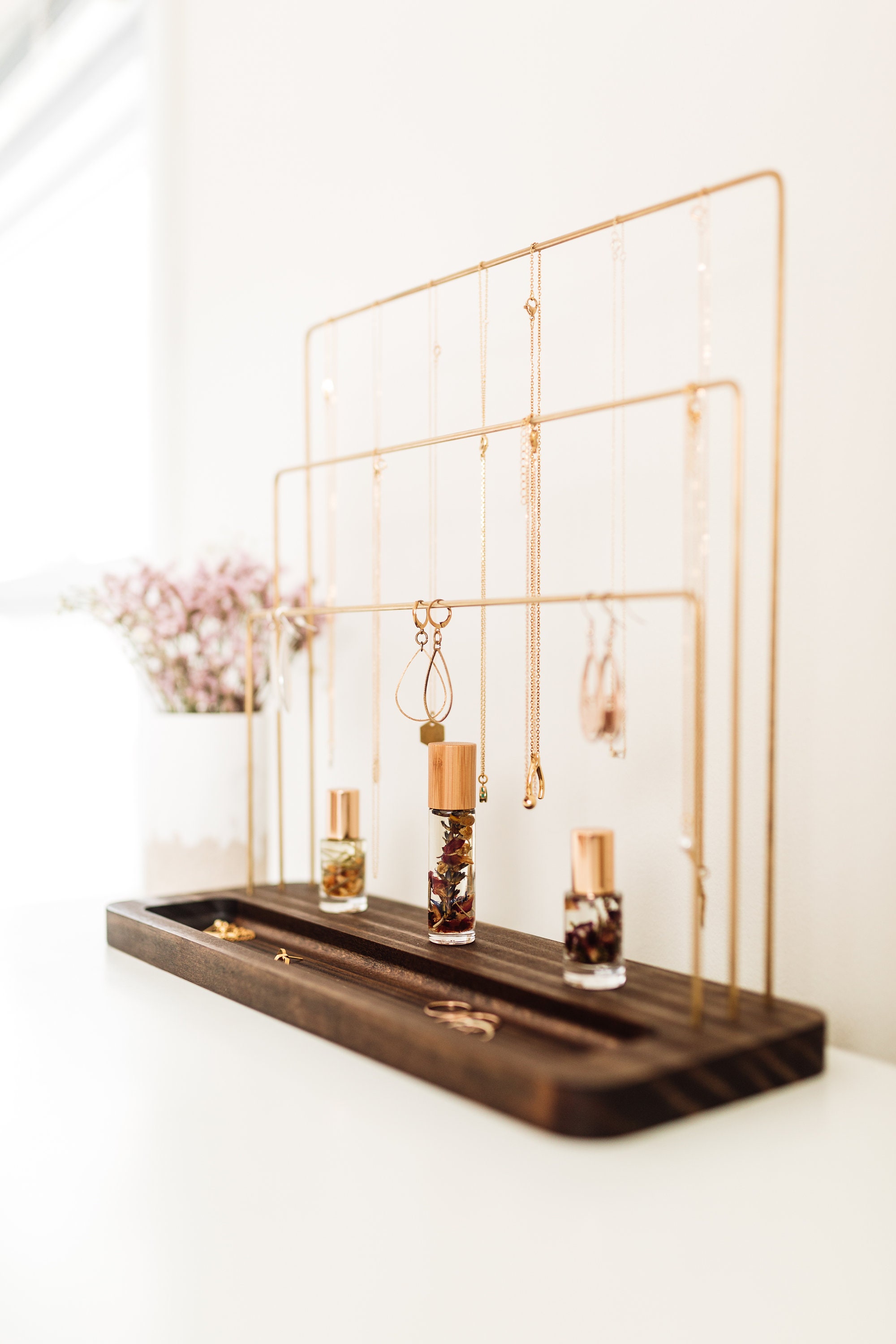 Brass and Wood 3 Tier Jewelry Stand With Dish Jewelry Holder