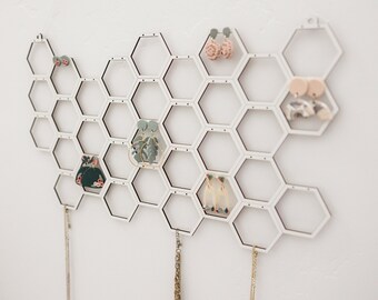 Honeycomb Earring And Necklace Display | Wall Hanging Hexagon Jewelry Organizer | Modern White Stud Or Dangling Earring Holder Storage