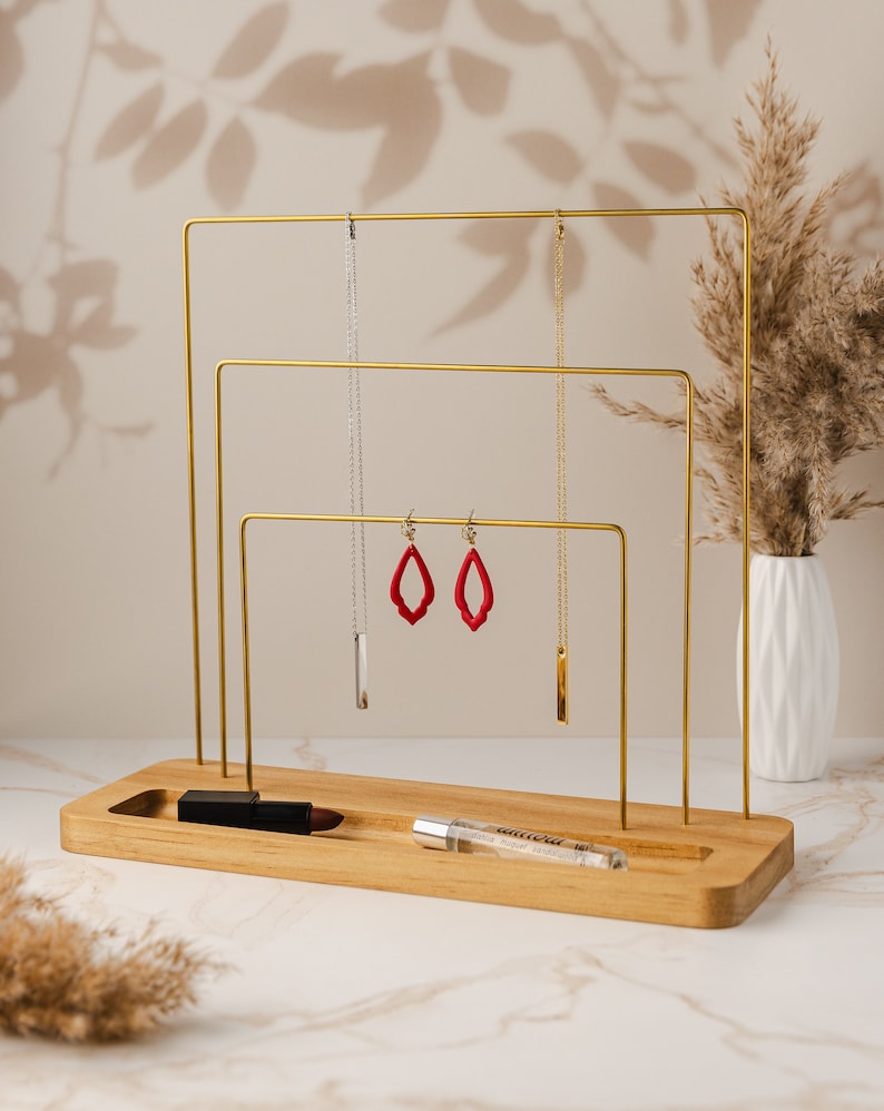 Brass And Wood Rainbow 3 Tier Jewelry Stand With Dish Jewelry Holder Organizer Minimalist Necklace Earring Ring Bracelet Storage Display image 4