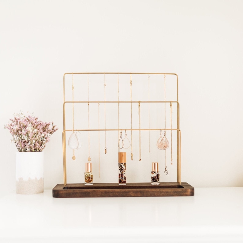 Brass and Wood 3 Tier Jewelry Stand With Dish Jewelry Holder Etsy