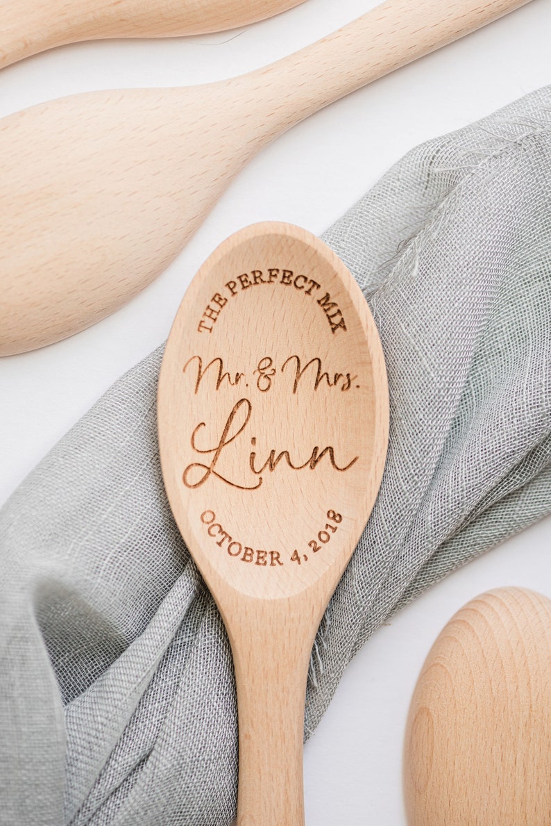 The Perfect Mix Mr. And Mrs. Wood Mixing Spoon Personalized Custom Last Name Wedding Gift Laser Engraved Wood Spoon Bridal Shower Gift image 6