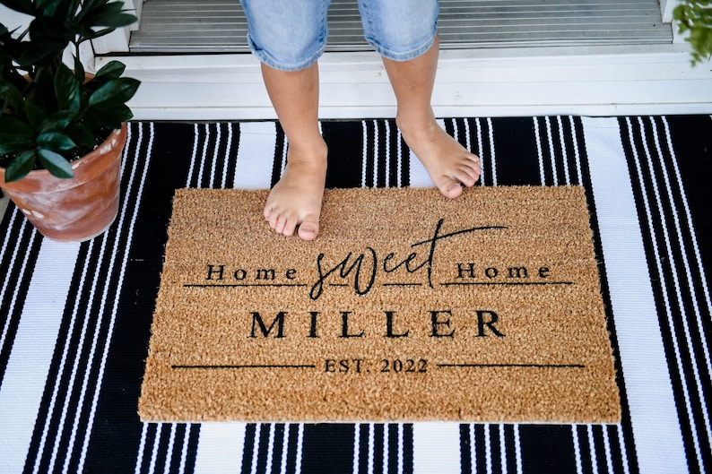 Home Sweet Home Last Name Door Mat | Personalized Housewarming Welcome Mat | Newlywed Wedding Anniversary Family Gift Custom Coir Doormat