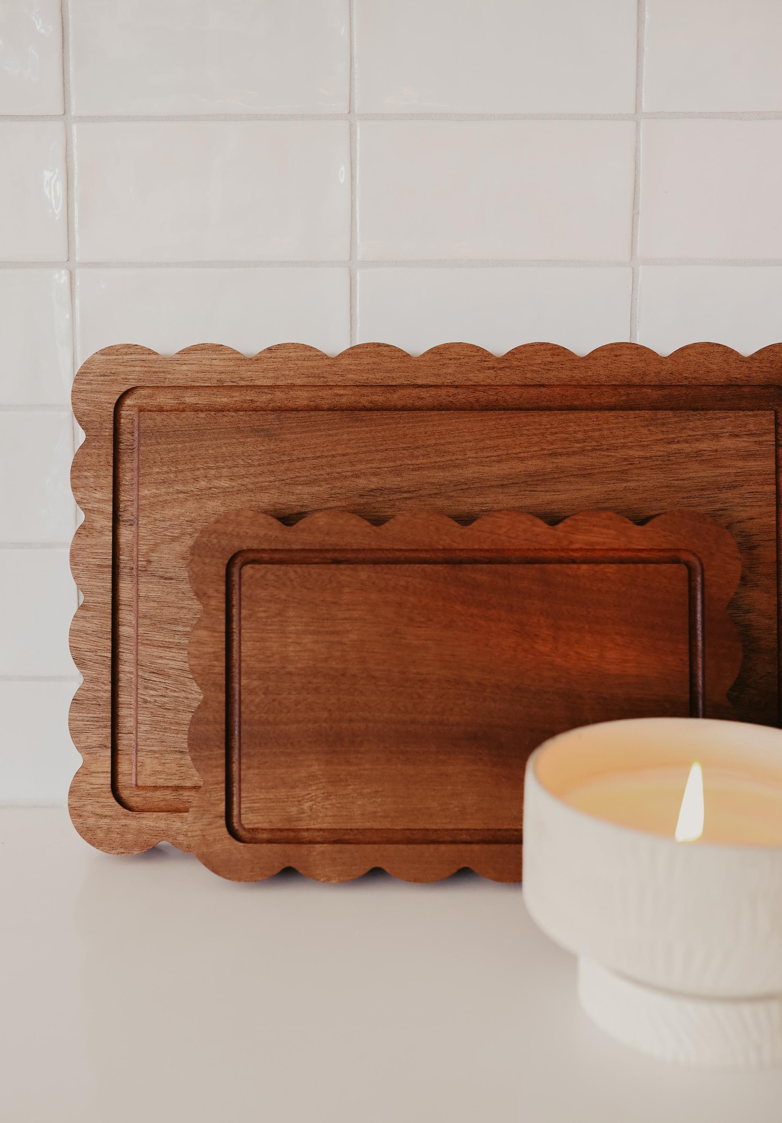 Scalloped Wood Cutting Board With Juice Groove | Handmade Solid Sapele Hardwood Charcuterie Board Kitchen Serving Tray Scallop Edge - 8.75" x 13.25"