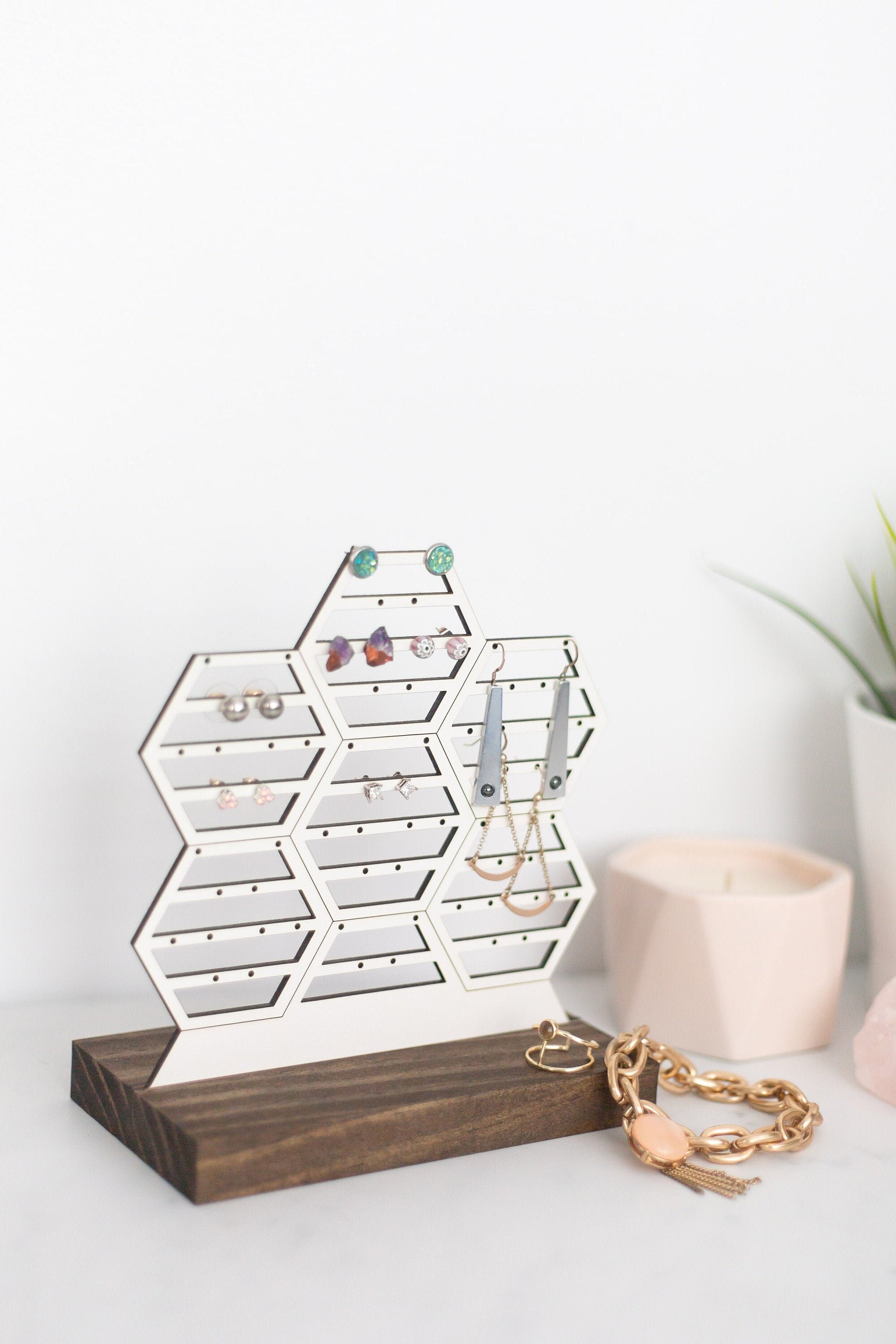 Geometric Honeycomb Earring Display Wood Earring Organizer Jewelry Holder Stand Modern Post Or Dangling Minimalist Earring Storage