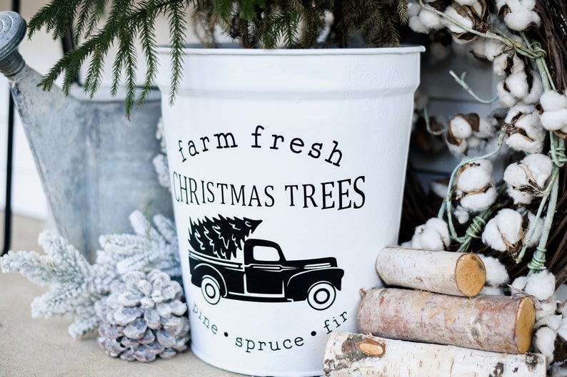 Farm Fresh Christmas Trees Metal Bucket White Christmas Tree Etsy
