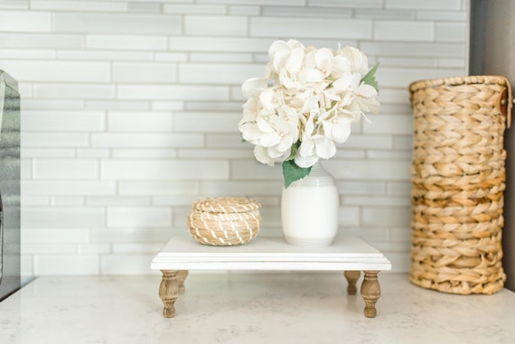 Farmhouse Riser | Wood Pedestal Stand Home Decor | Rustic Wooden Brown Stain And White Paint Long Tray | Distressed Modern Country Kitchen