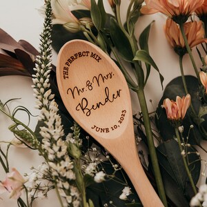 The Perfect Mix Mr. And Mrs. Wood Mixing Spoon Personalized Custom Last Name Wedding Gift Laser Engraved Wood Spoon Bridal Shower Gift image 2