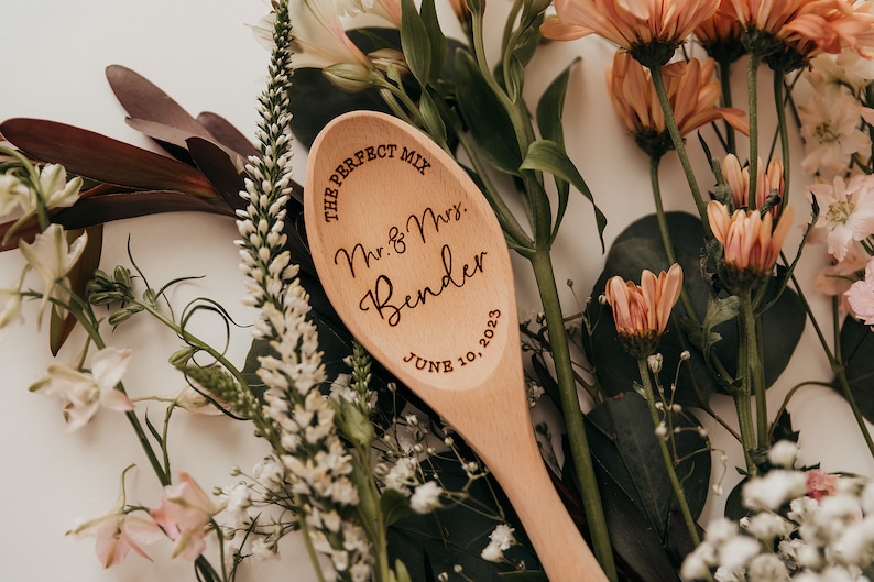 The Perfect Mix Mr. And Mrs. Wood Mixing Spoon Personalized Custom Last Name Wedding Gift Laser Engraved Wood Spoon Bridal Shower Gift image 2