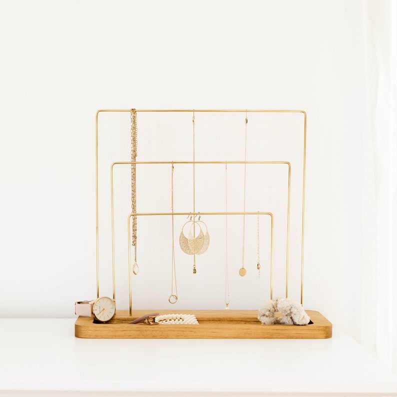 Brass And Wood Rainbow 3 Tier Jewelry Stand With Dish Jewelry Holder Organizer Minimalist Necklace Earring Ring Bracelet Storage Display image 1