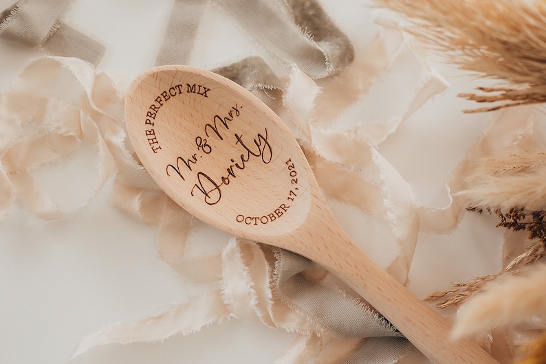 The Perfect Mix Mr. And Mrs. Wood Mixing Spoon Personalized Custom Last Name Wedding Gift Laser Engraved Wood Spoon Bridal Shower Gift image 3