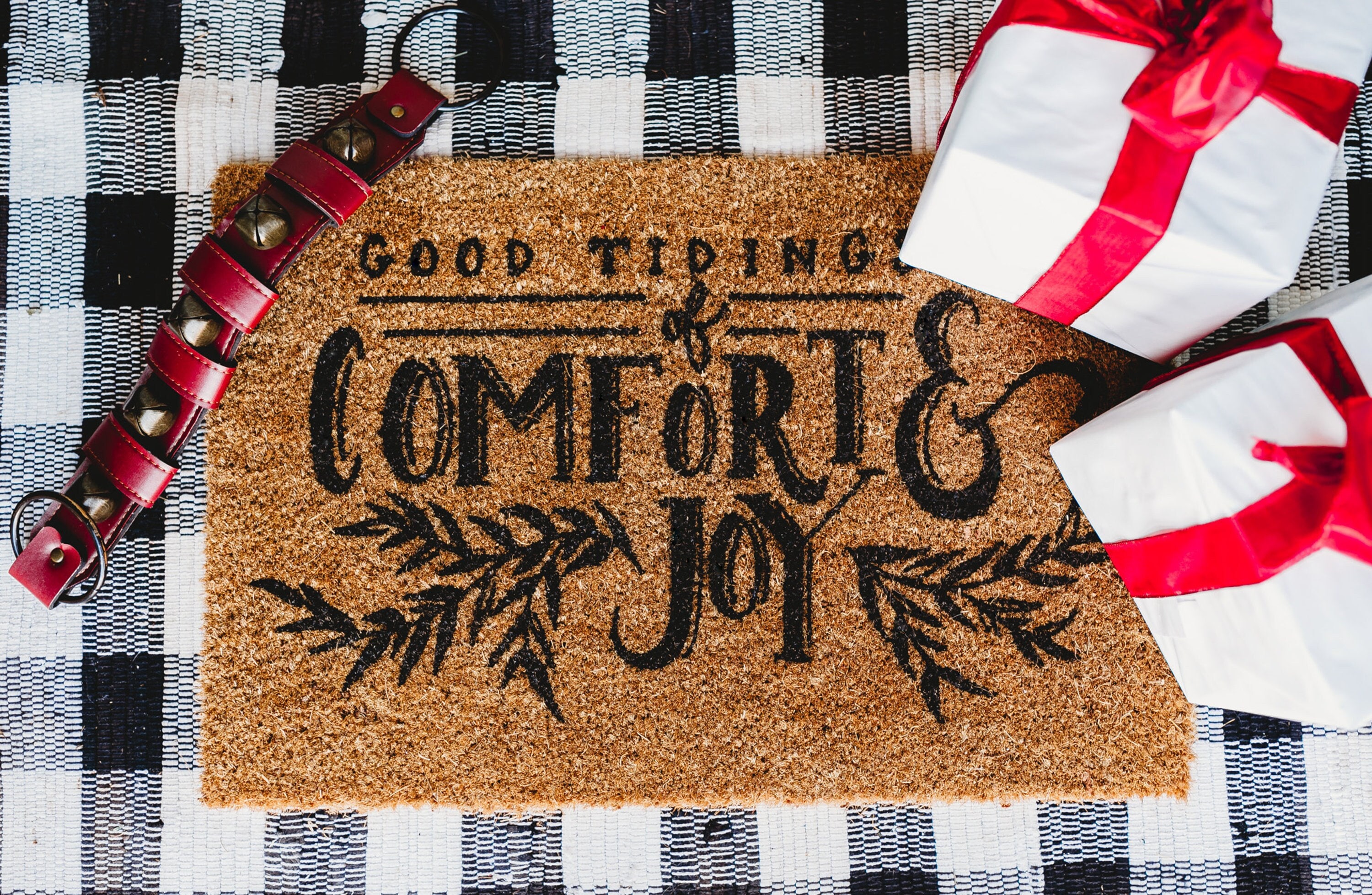 37 Inviting Christmas Front Porch Decor Ideas to Welcome Guests: Festive Ways to Wow Your Neighbors 2 Christmas Welcome Mat Good Tidings Of Comfort And Joy Door Mat Front…