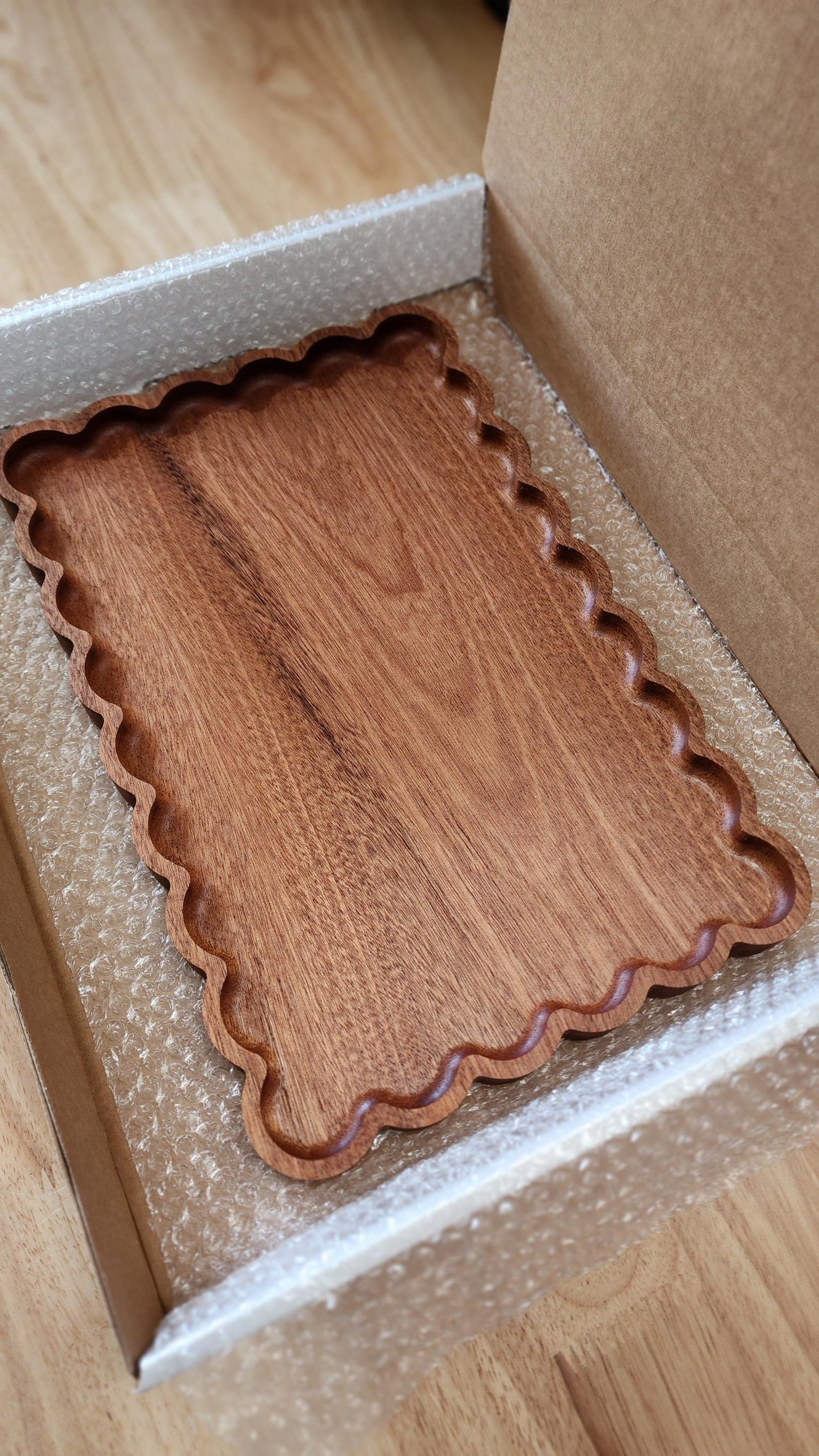 Large Scalloped Wood Catchall Tray | Long Wavy Rectangle Jewelry Dish | Vintage Inspired Solid Carved Hardwood Valet Tray Kitchen Bedroom - 8.75" x 13.25"