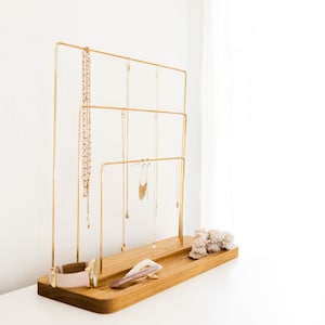 Brass And Wood Rainbow 3 Tier Jewelry Stand With Dish Jewelry Holder Organizer Minimalist Necklace Earring Ring Bracelet Storage Display image 3