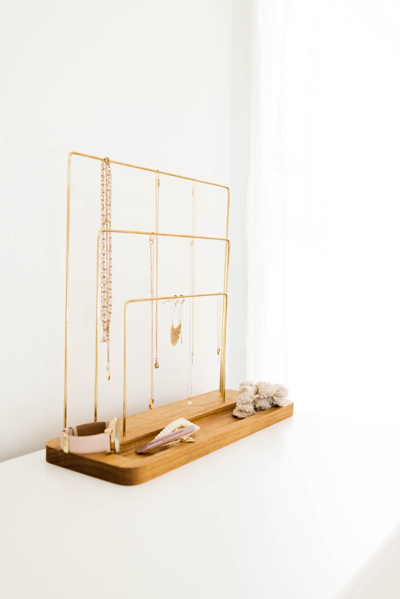 Brass And Wood Rainbow 3 Tier Jewelry Stand With Dish Jewelry Holder Organizer Minimalist Necklace Earring Ring Bracelet Storage Display image 3