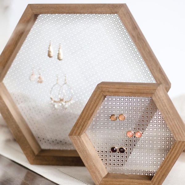 Hexagon Earring Stand | Small Or Large Wood And Metal Jewelry Holder | Modern Minimalist Boho Studs Dangling Earring Display Storage Gift