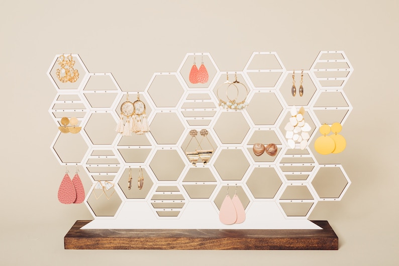 Large Earring Organizer Honeycomb Jewelry Holder Display Modern White And Wood Stud Dangling Earring Storage For Dresser Vanity 60 Pairs image 1