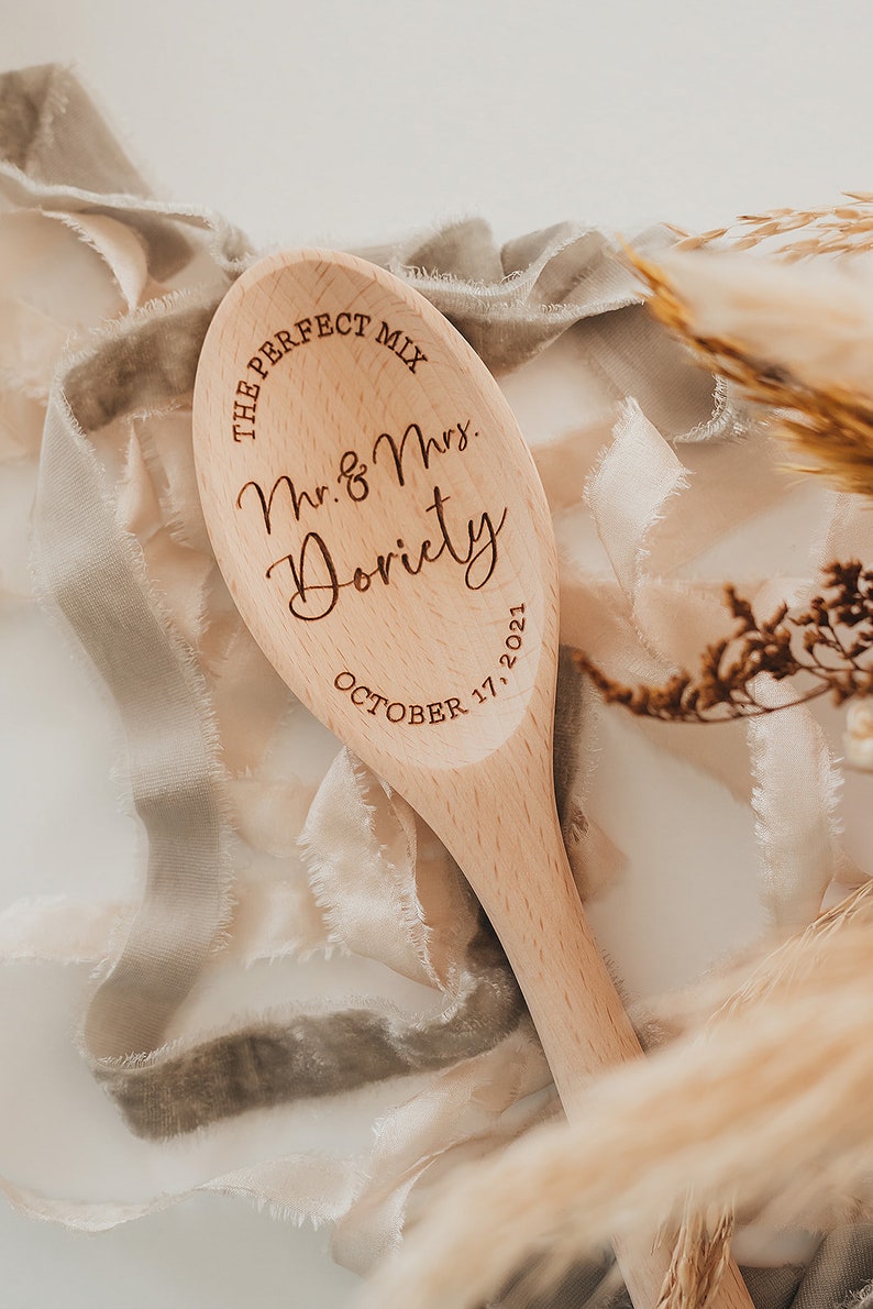 The Perfect Mix Mr. And Mrs. Wood Mixing Spoon | Personalized Custom Last Name Wedding Gift | Laser Engraved Wood Spoon | Bridal Shower Gift