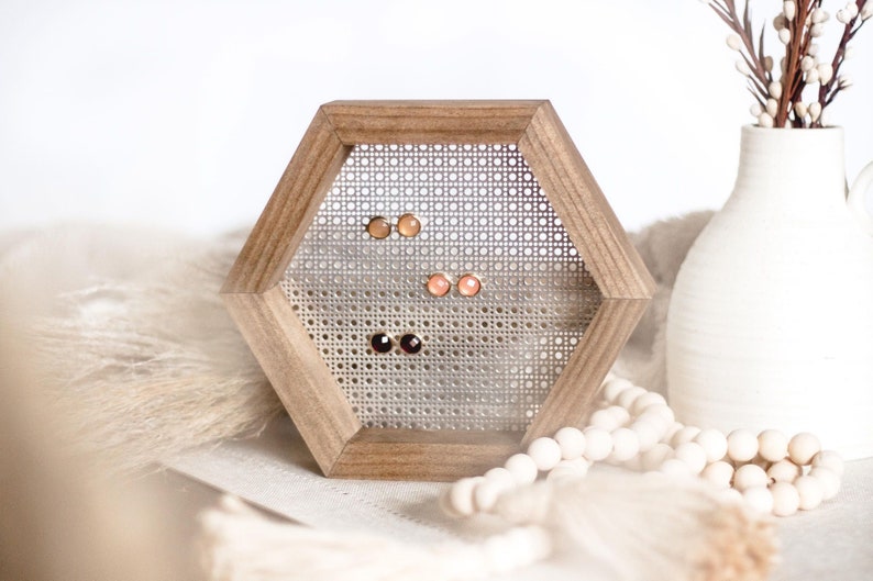 Small Hexagon Earring Stand Wood And Metal Jewelry Holder Organizer Modern Minimalist Boho Studs Dangling Earring Display Storage Gift Small
