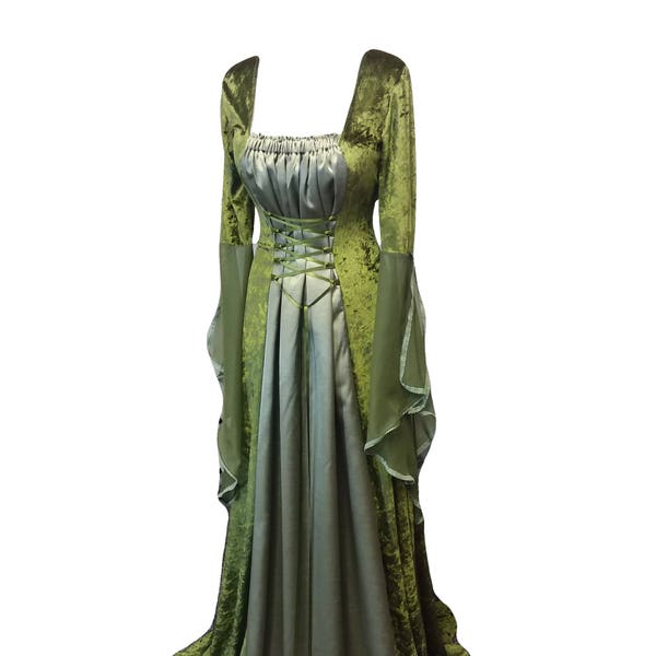 Medieval dress, Fae gown, woodland dress, handfasting, Olive green dress, elven gown