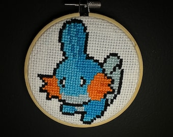 Pokémon Cross Stitch: 8-bit Mudkip on 4" Bamboo Hoop (Completed Cross Stitch)