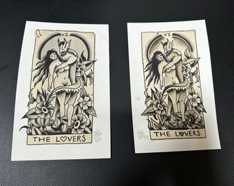 Original Watercolor Painting, Traditional Tattoo Flash "The Lovers" Tarot Watercolor Ink on Paper