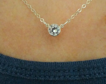 April Birthstone Necklace, CZ Solitaire Diamond Necklace, Sterling Silver, 6mm Cubic Zirconia, Minimalist, Bride Necklace