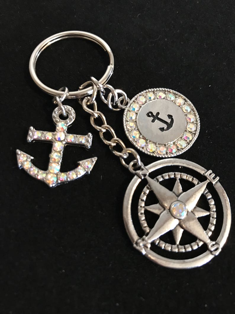 Nautical Ocean Keychain With Compass Rose and Anchor Charms Etsy