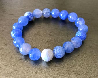 Blue fire crackle agate beaded bracelet with one white crackle agate stone