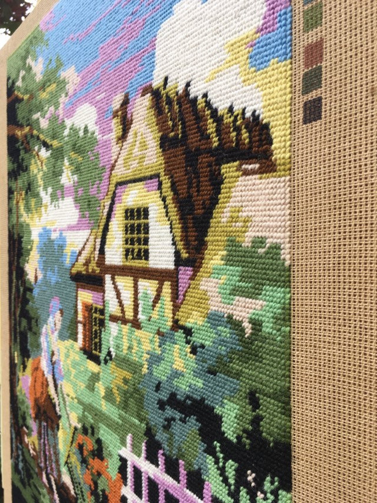 Large Vintage Completed Needlepoint Unframed English Cottage Etsy