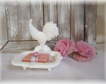 Cast iron soap holder and rose soap, rooster, retro, vintage