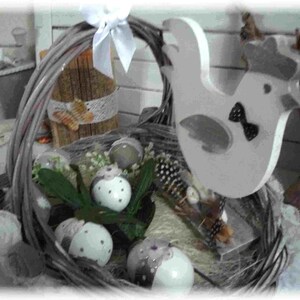 Composition for a festive Easter party, wicker basket, pretty chicken, eggs, decoration, handmade image 7